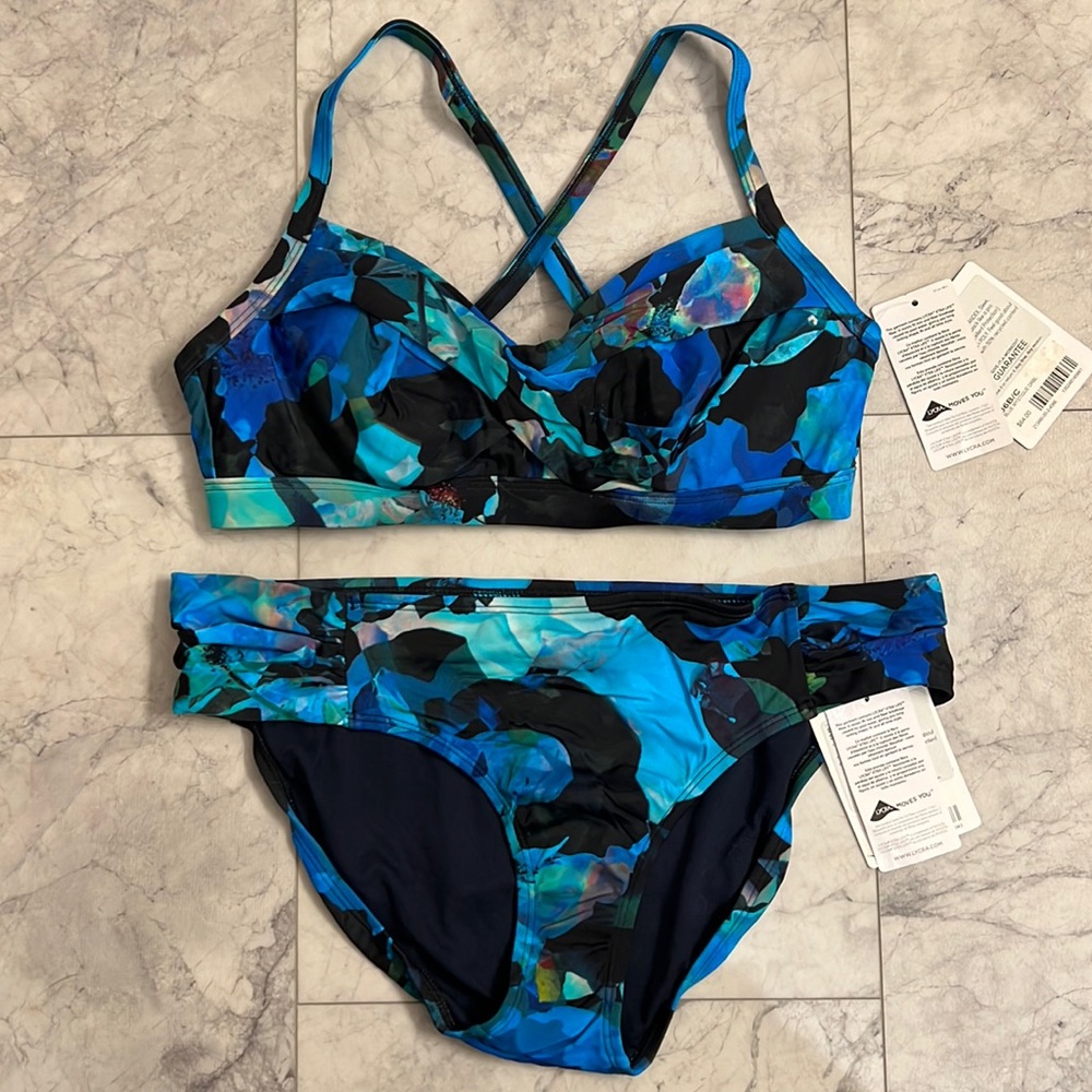 Athleta Two Piece Swimsuit in Blue Mystique Print, sizes: 36 B/C top, L bottom